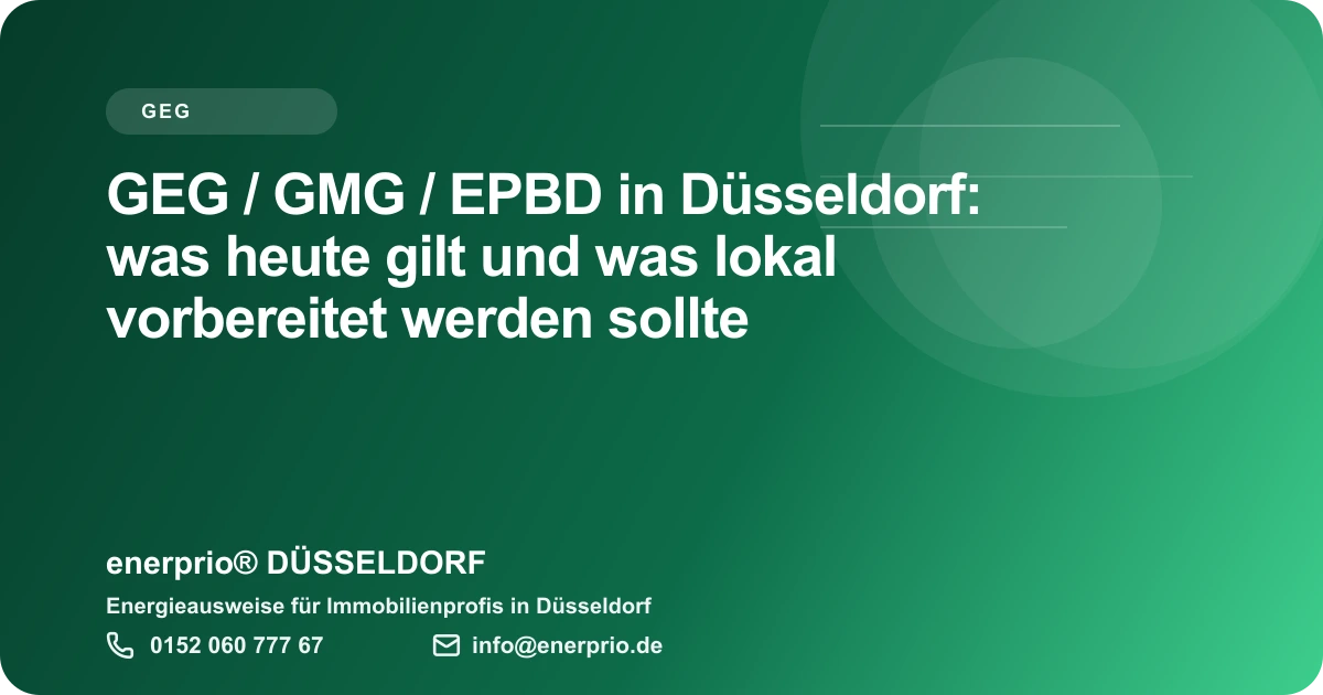 Artikelbild: GEG / GMG / EPBD in Düsseldorf: was heute gilt und was lokal vorbereitet werden sollte – enerprio® DÜSSELDORF für Immobilienprofis in Düsseldorf