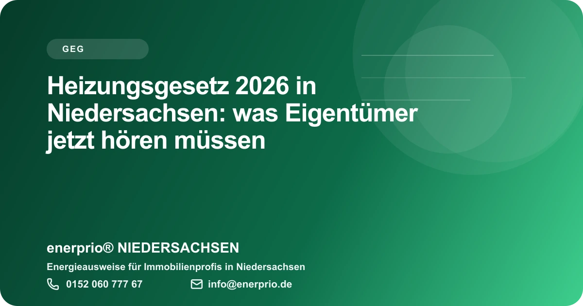 Artikelbild: Heizungsgesetz 2026 in Niedersachsen: was Eigentuemer jetzt hoeren muessen – enerprio® NIEDERSACHSEN für Immobilienprofis in Niedersachsen