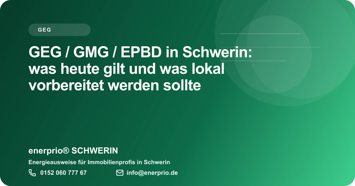 Artikelbild: GEG / GMG / EPBD in Schwerin: was heute gilt und was lokal vorbereitet werden sollte – enerprio® SCHWERIN für Immobilienprofis in Schwerin